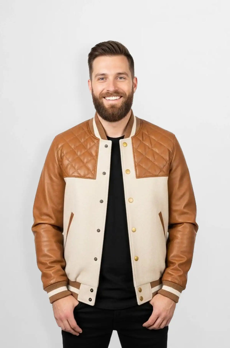 Brown Quilted Suede Leather Varsity Jacket Front view