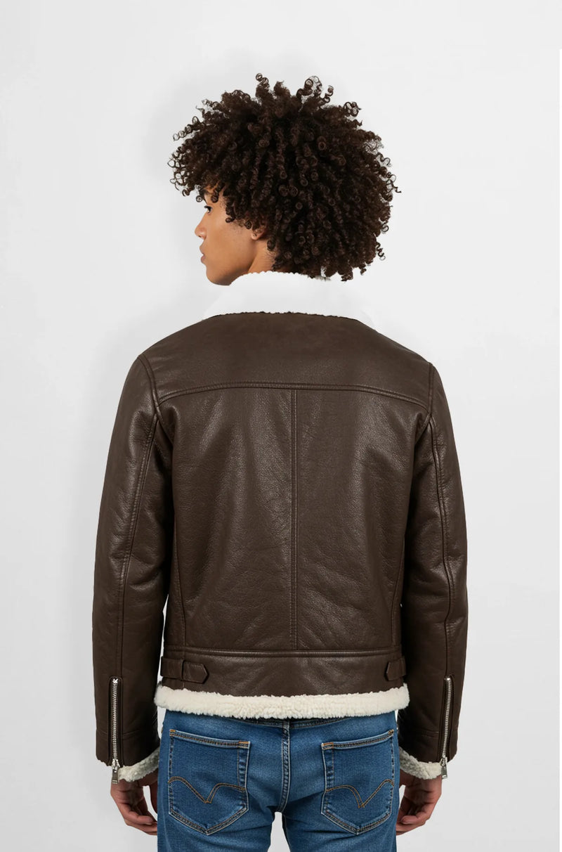 Plain brown Shearling Aviator Jacket for men back view