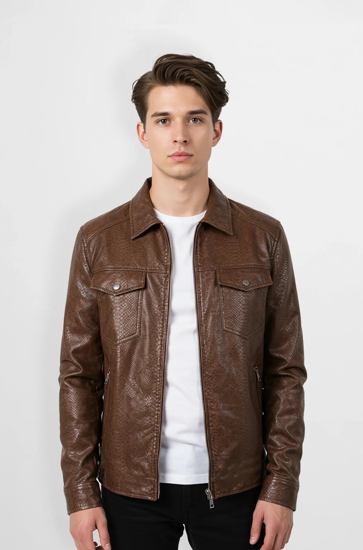 Brown mocha Snakeskin Leather Jacket front view