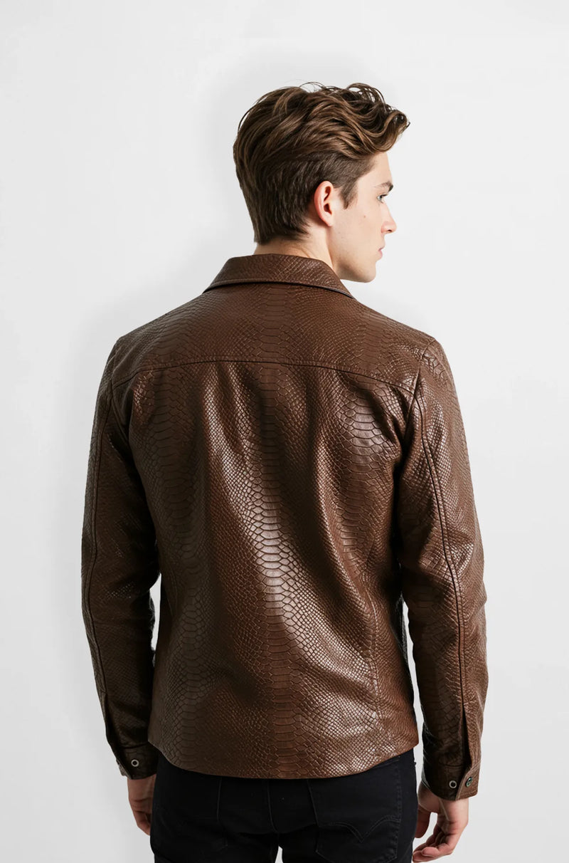Brown mocha Snakeskin Leather Jacket back view