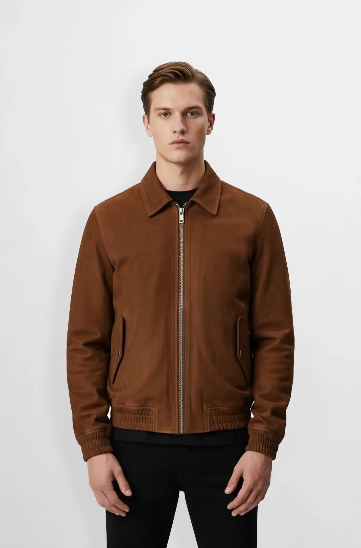 The Auburn Suede Bomber Jacket in Chestnut Brown