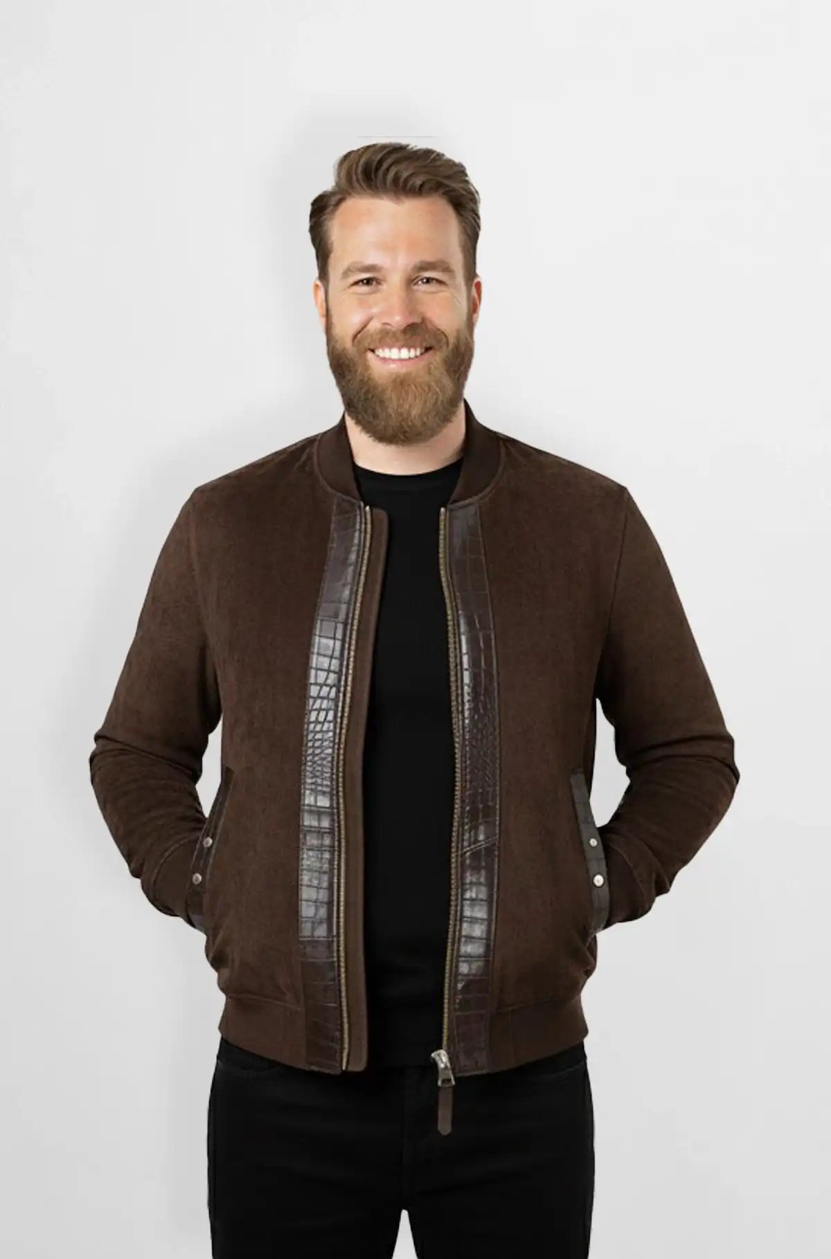 Brown Suede Crocodile Trim Bomber Jacket