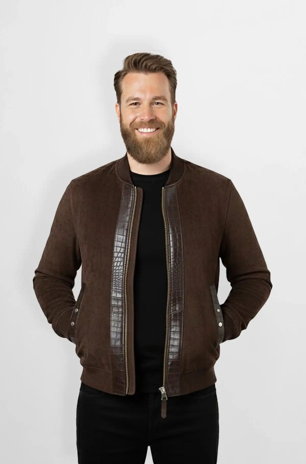Brown Suede Crocodile Trim Bomber Jacket