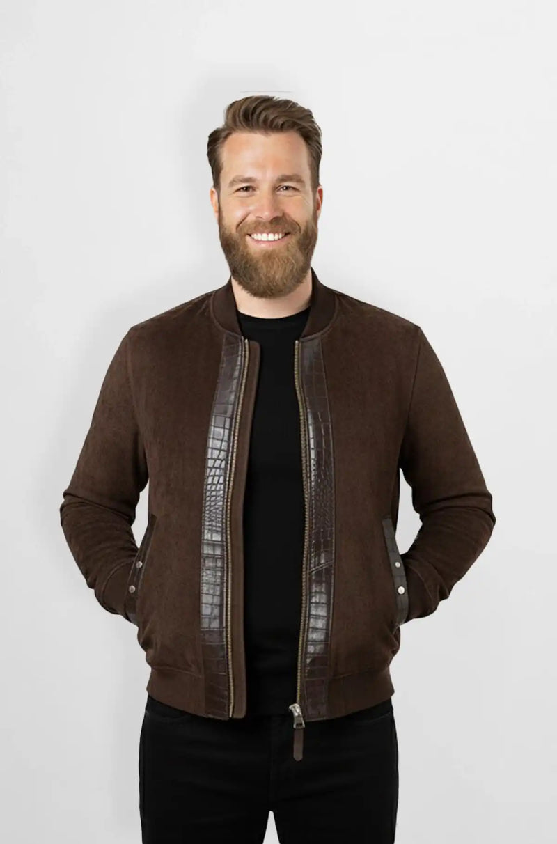 Brown Suede Crocodile Trim Bomber Jacket