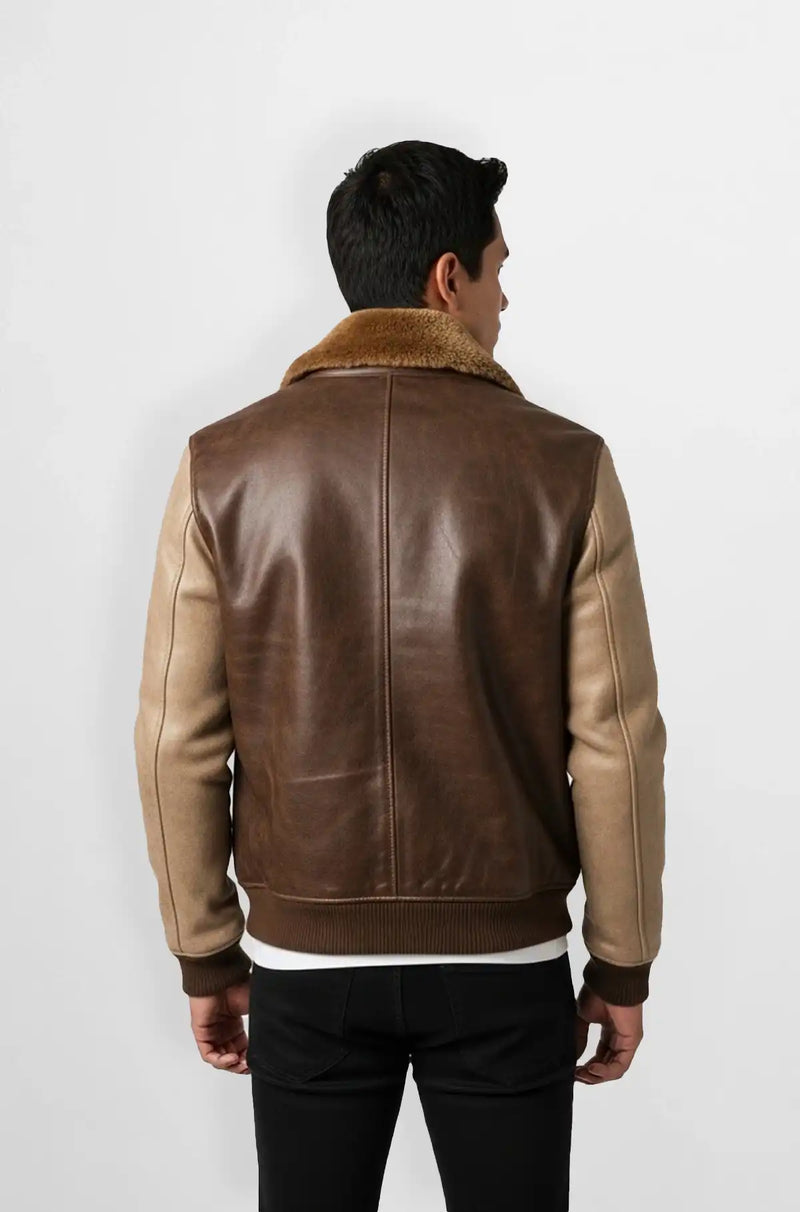 Brown and Beige Shearling Leather Bomber Jacket