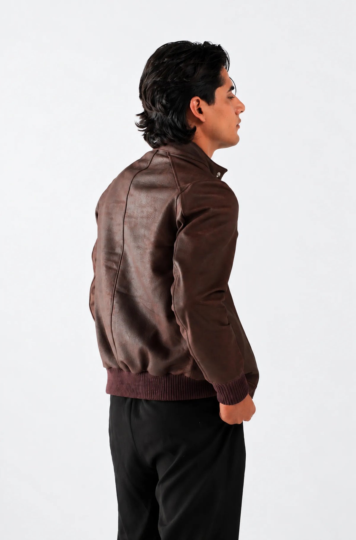Dark Brown Leather Bomber Jacket with Stand Up Collar