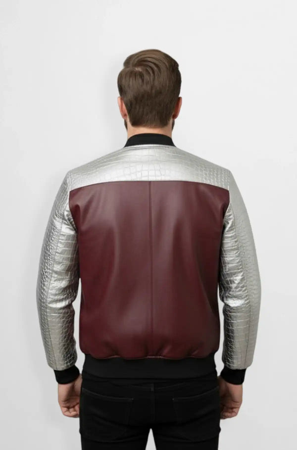 Burgundy & Grey Crocodile Leather Bomber Jacket Back view