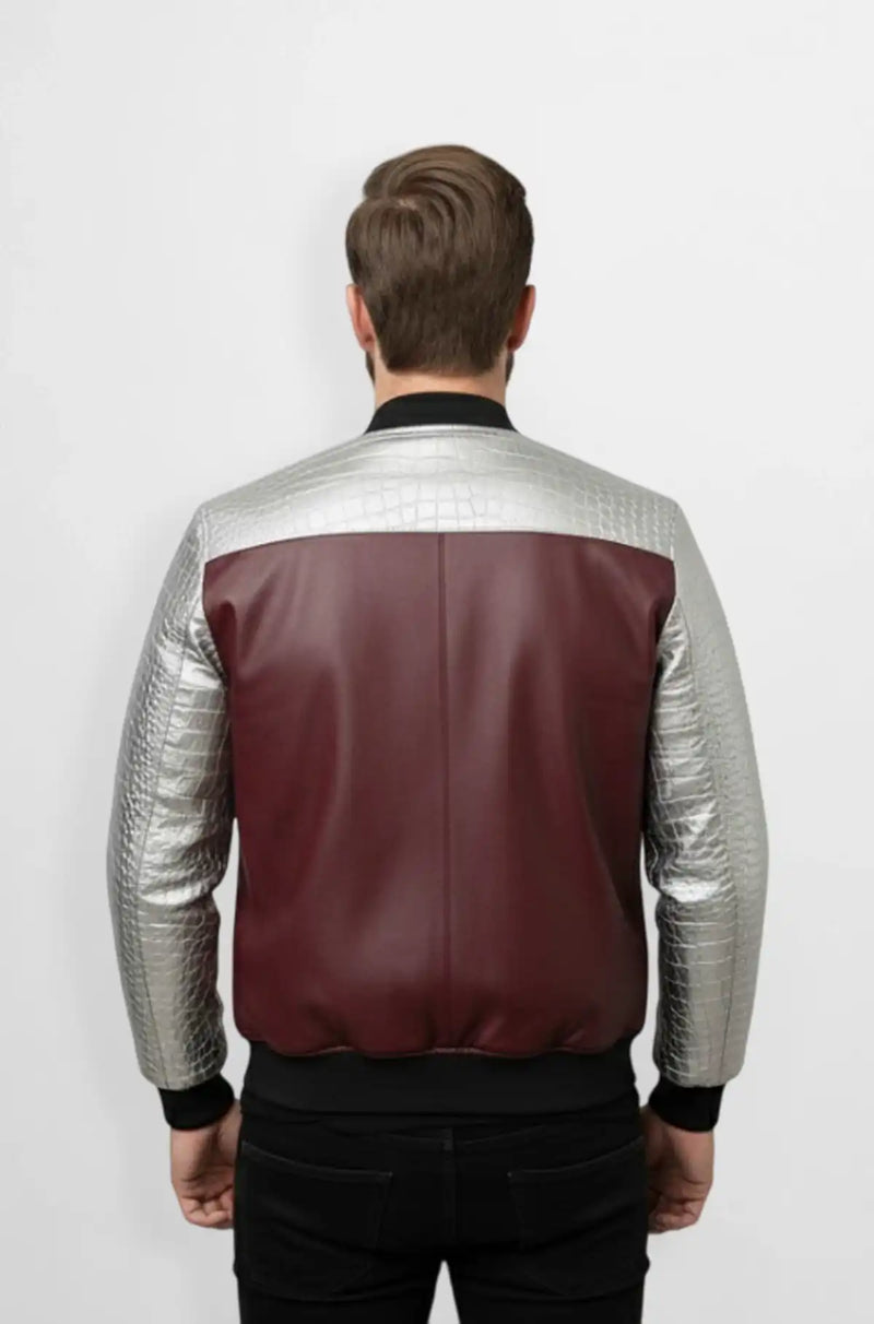 Burgundy & Grey Crocodile Leather Bomber Jacket Back view