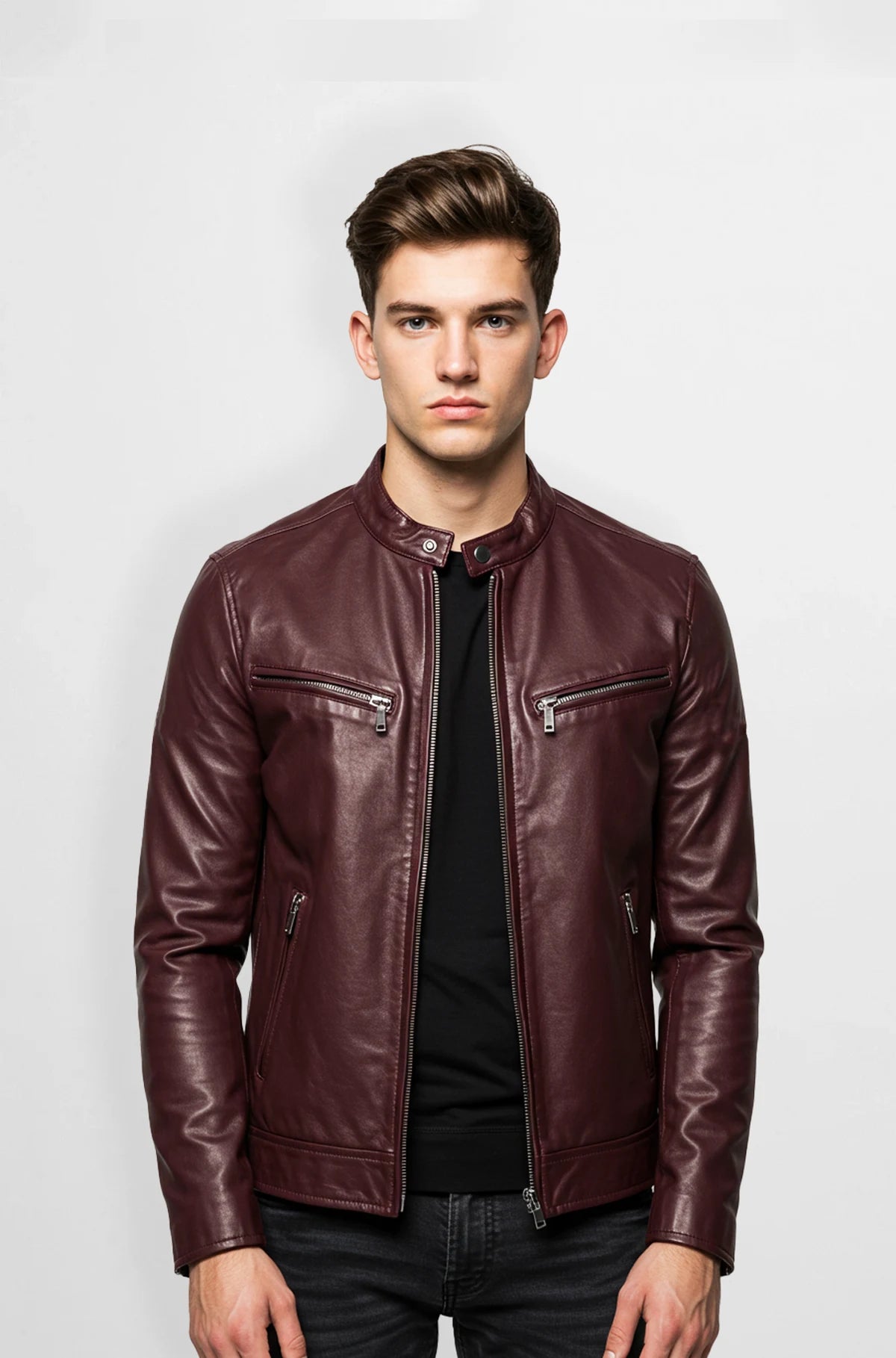 Burgundy Biker Style leather jacket front view