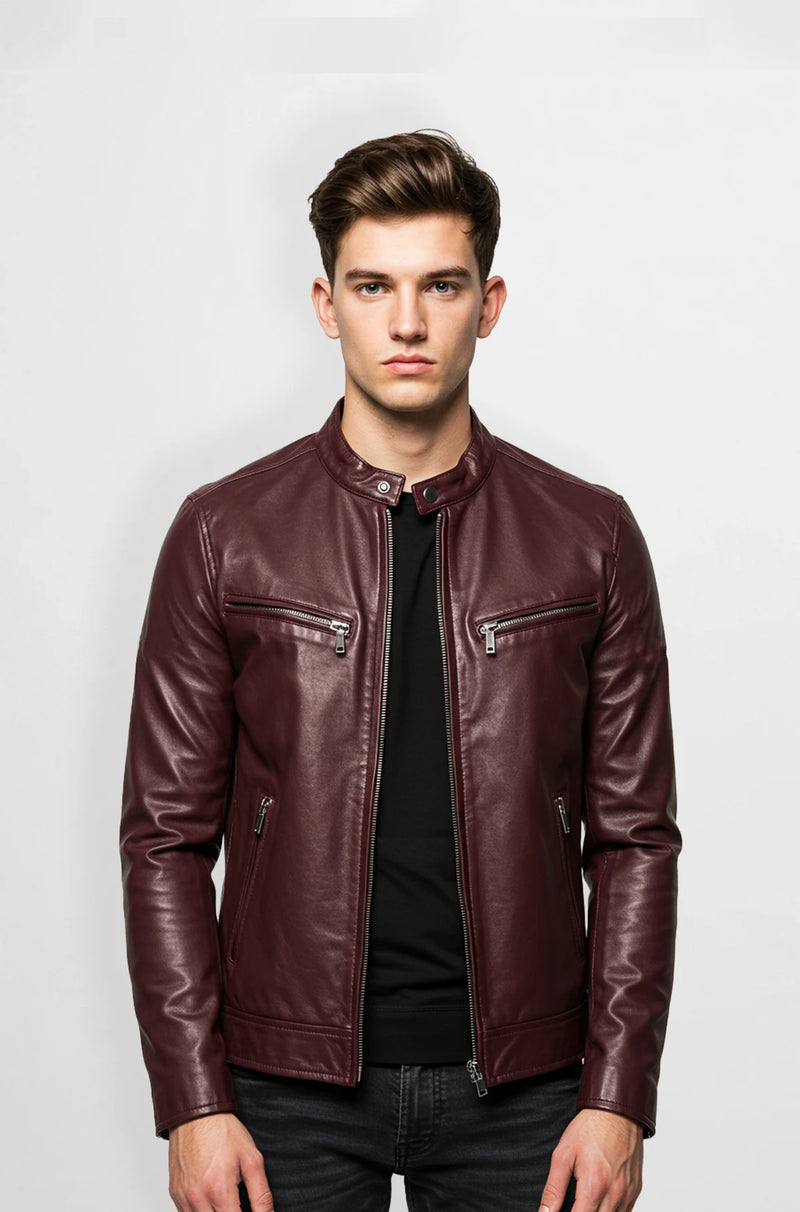 Burgundy Biker Style leather jacket front view