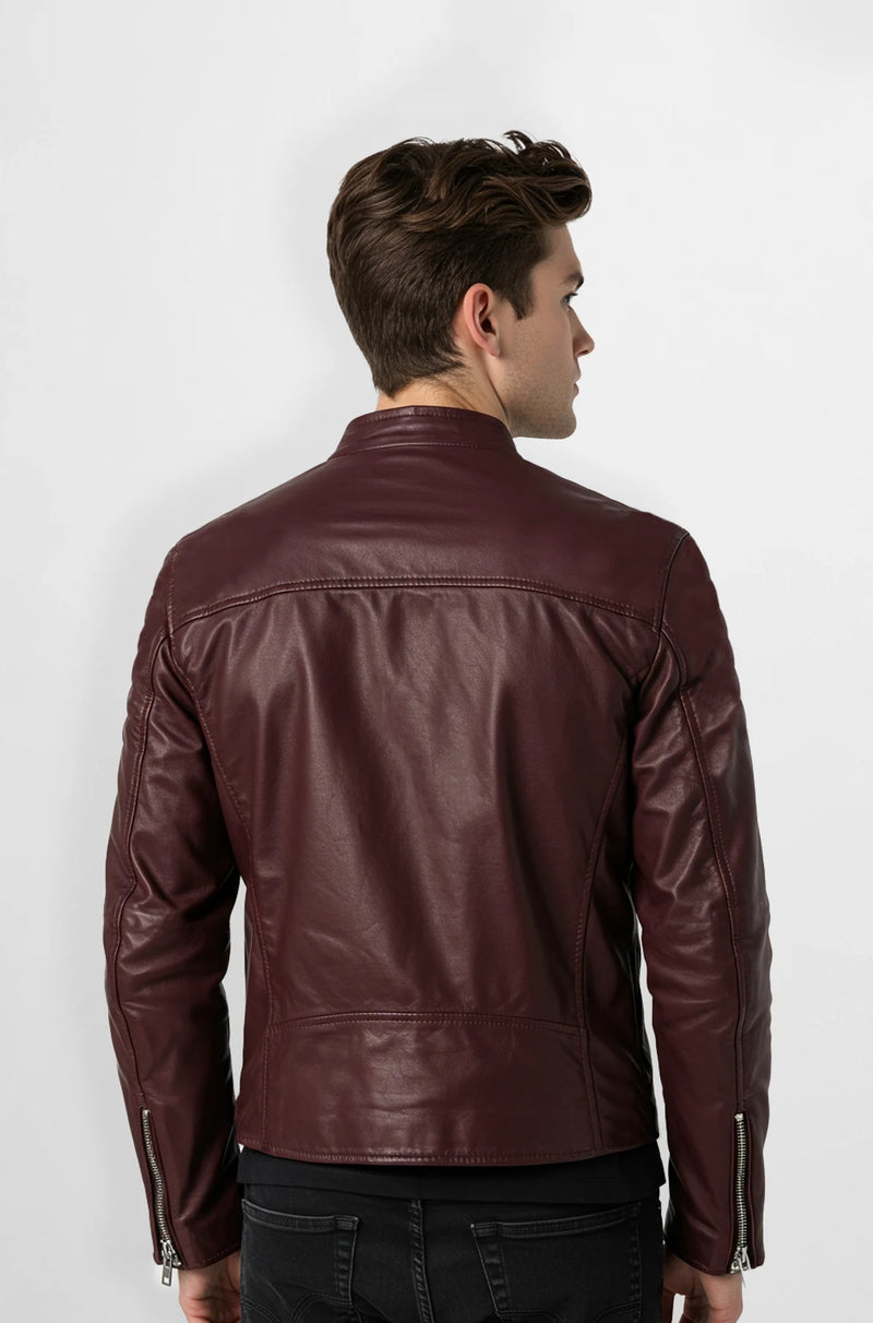 Burgundy Biker Style leather jacket back view