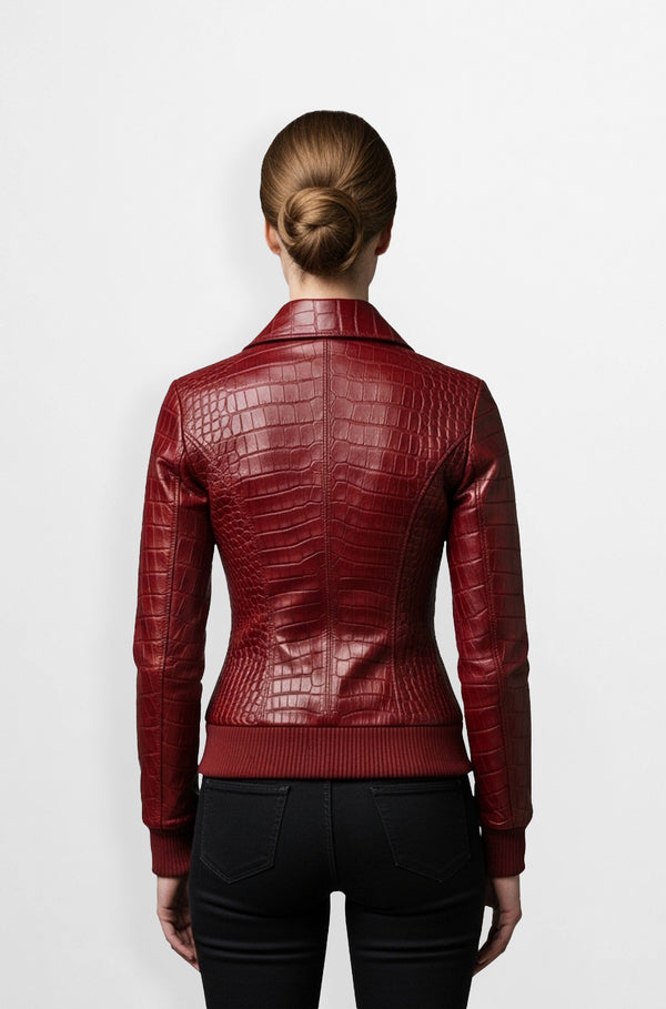 Burgundy Crocodile Embossed Leather Bomber Jacket For Women