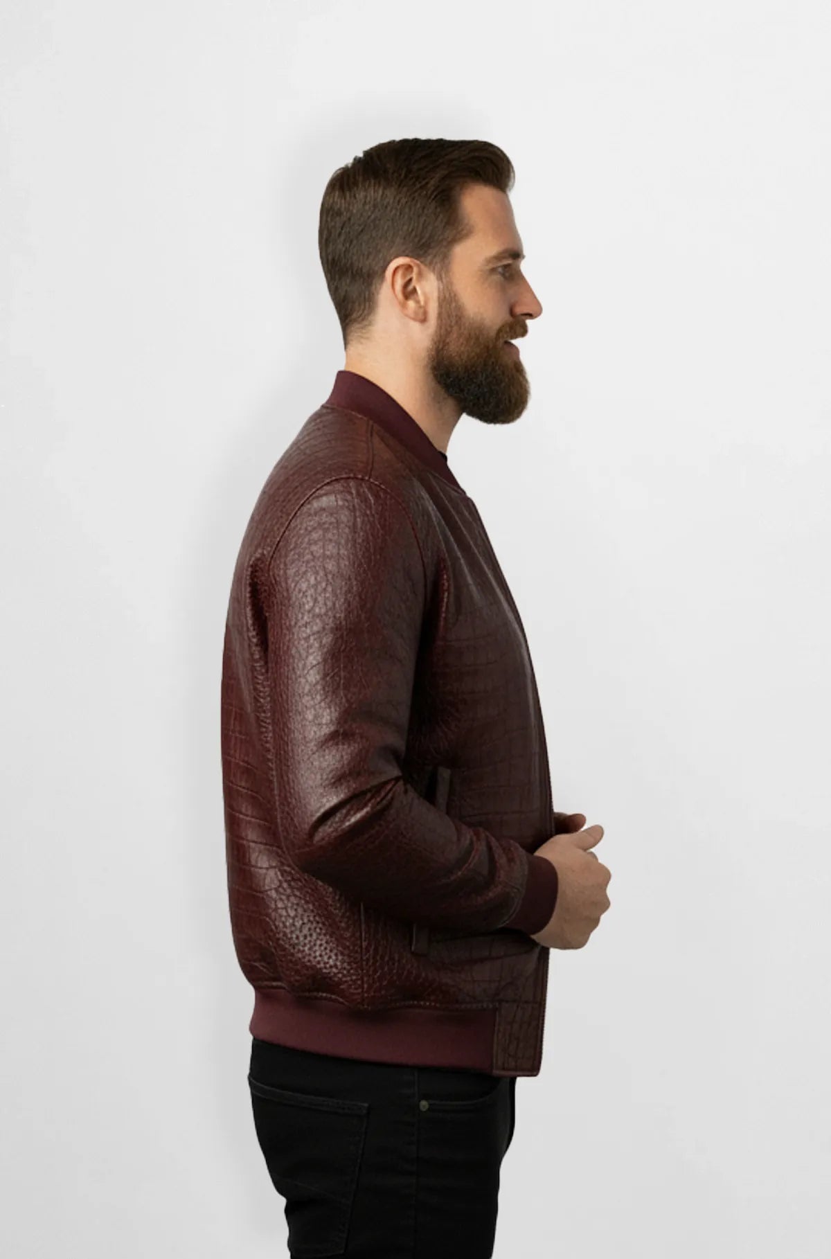 Burgundy Crocodile Leather Bomber Jacket Side view