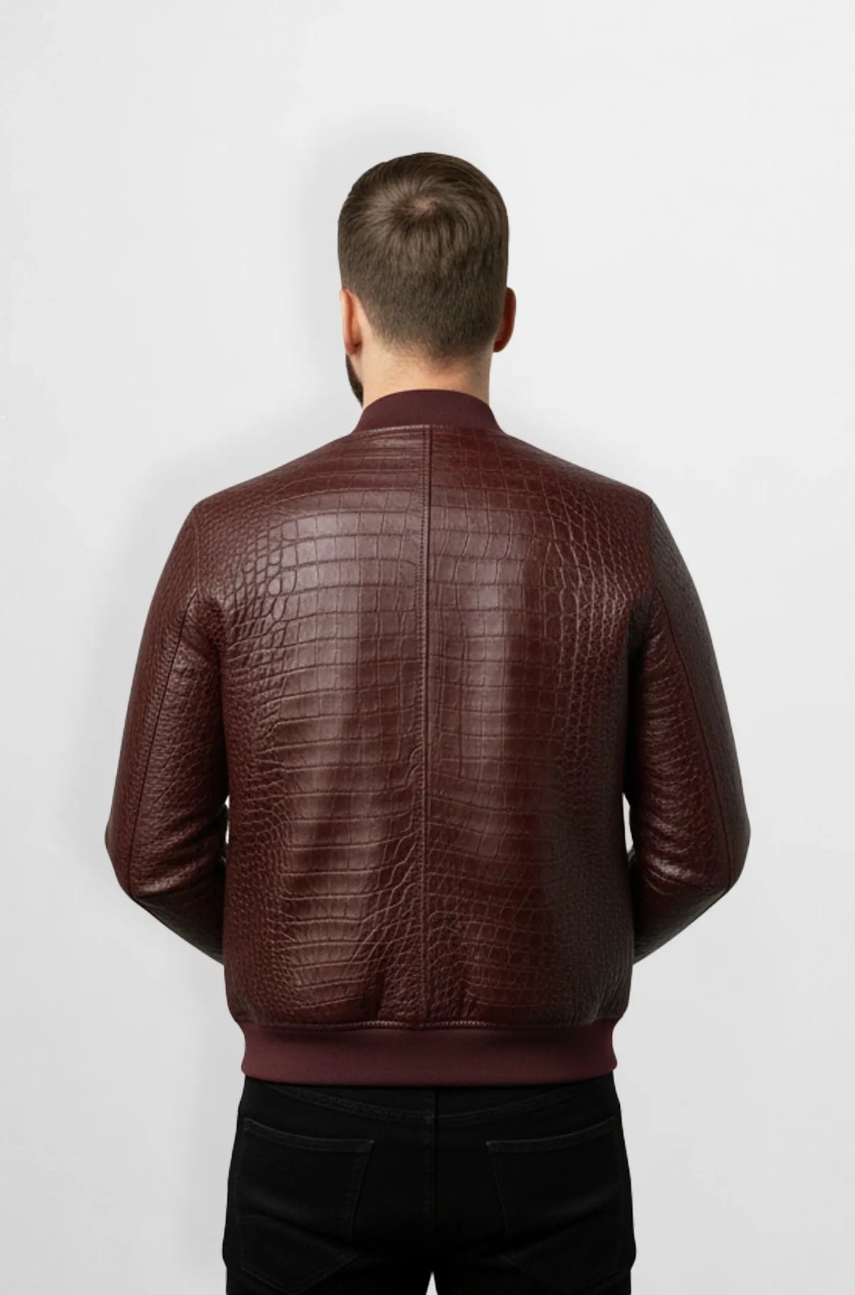 Burgundy Crocodile Leather Bomber Jacket Back view