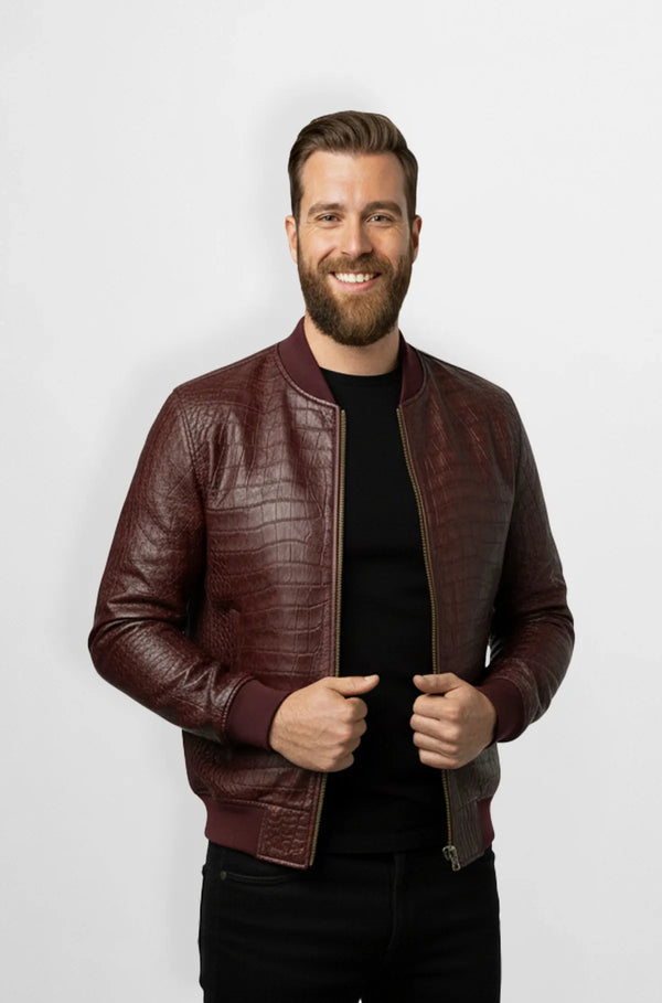 Burgundy Crocodile Leather Bomber Jacket Front view
