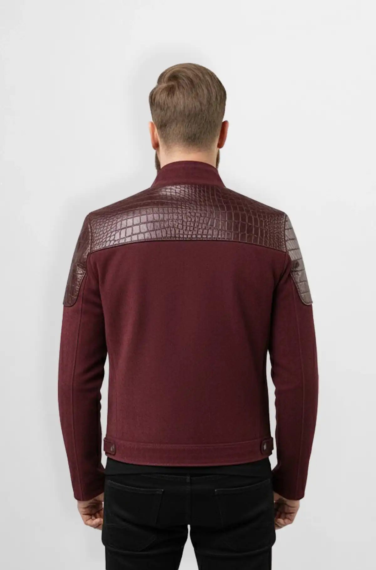 Burgundy Crocodile Suede Leather Bomber Jacket Back view