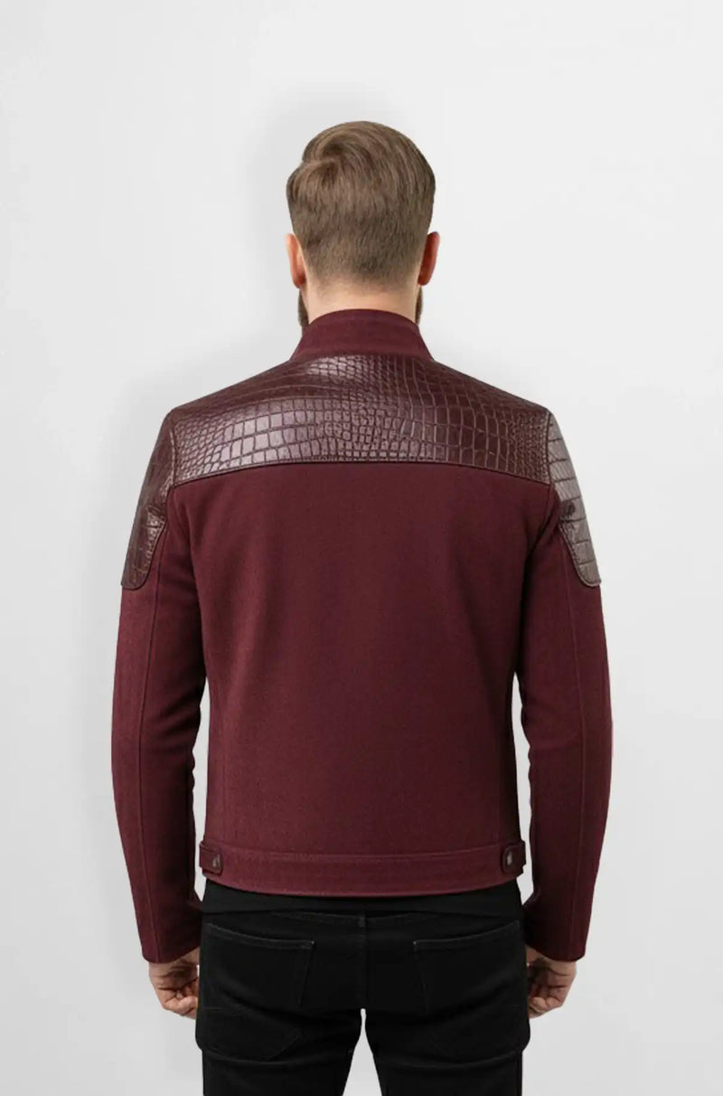 Burgundy Crocodile Suede Leather Bomber Jacket Back view