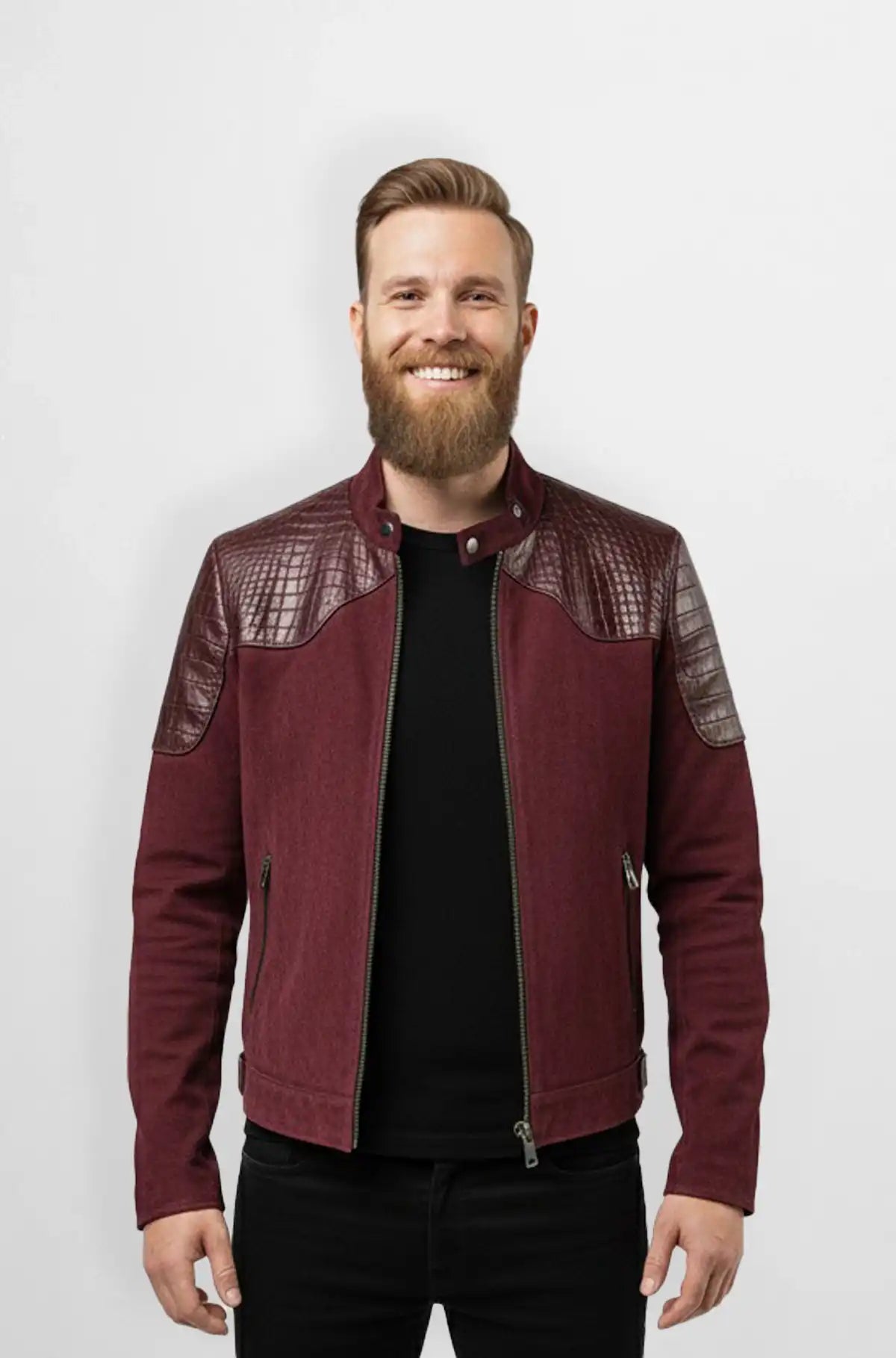 Burgundy Crocodile Suede Leather Bomber Jacket Front view