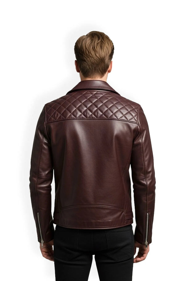 Burgundy Quilted Biker Leather Jacket Back Usa