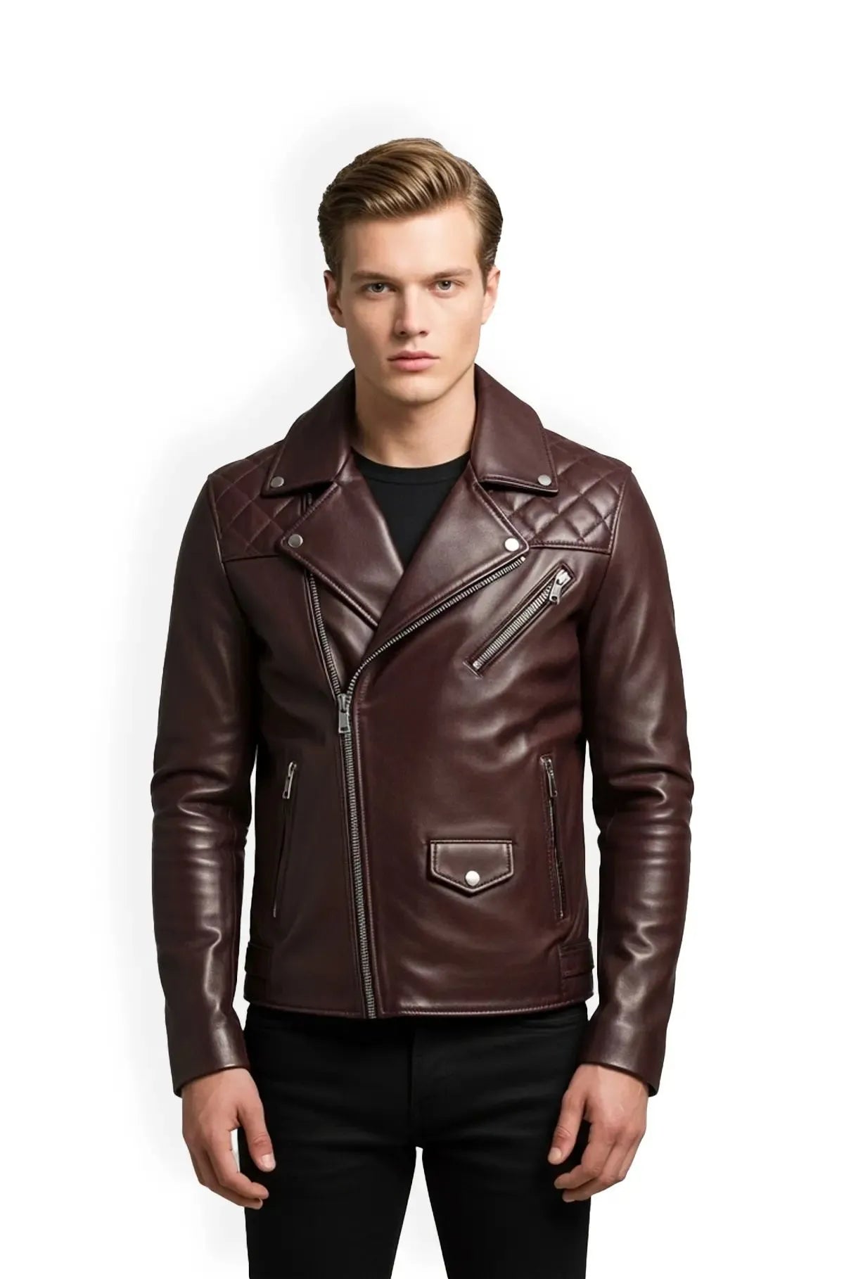 Burgundy Quilted Biker Leather Jacket Front Usa