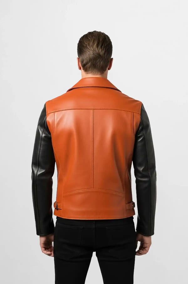 Burnt Orange Leather Racer Jacket Back view