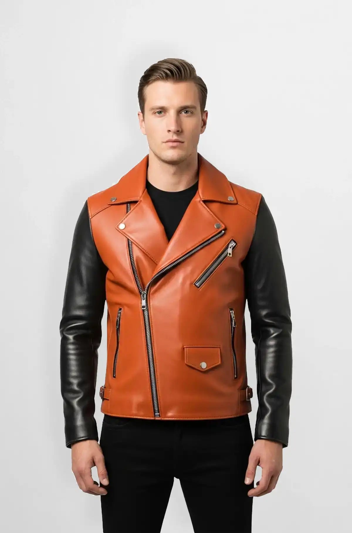 Burnt Orange Leather Racer Jacket Front view