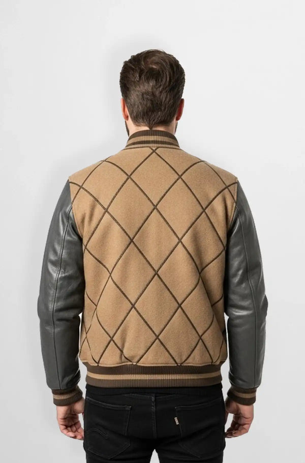 Camel Brown & Charcoal Wool Leather Varsity Jacket Back view