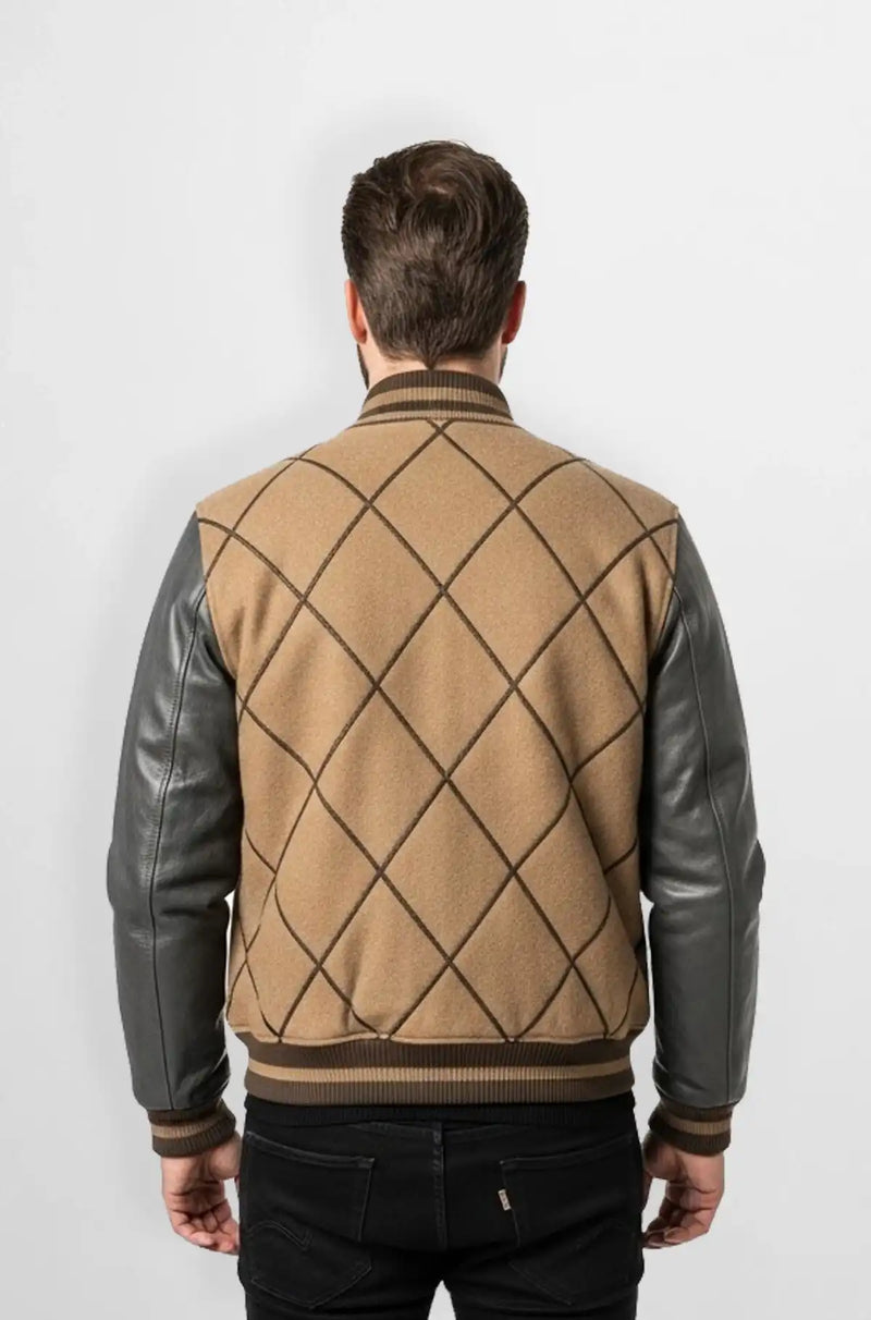 Camel Brown & Charcoal Wool Leather Varsity Jacket Back view