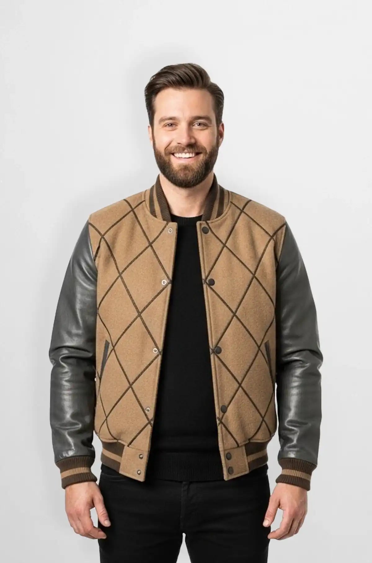 Camel Brown & Charcoal Wool Leather Varsity Jacket Front viewCamel Brown & Charcoal Wool Leather Varsity Jacket