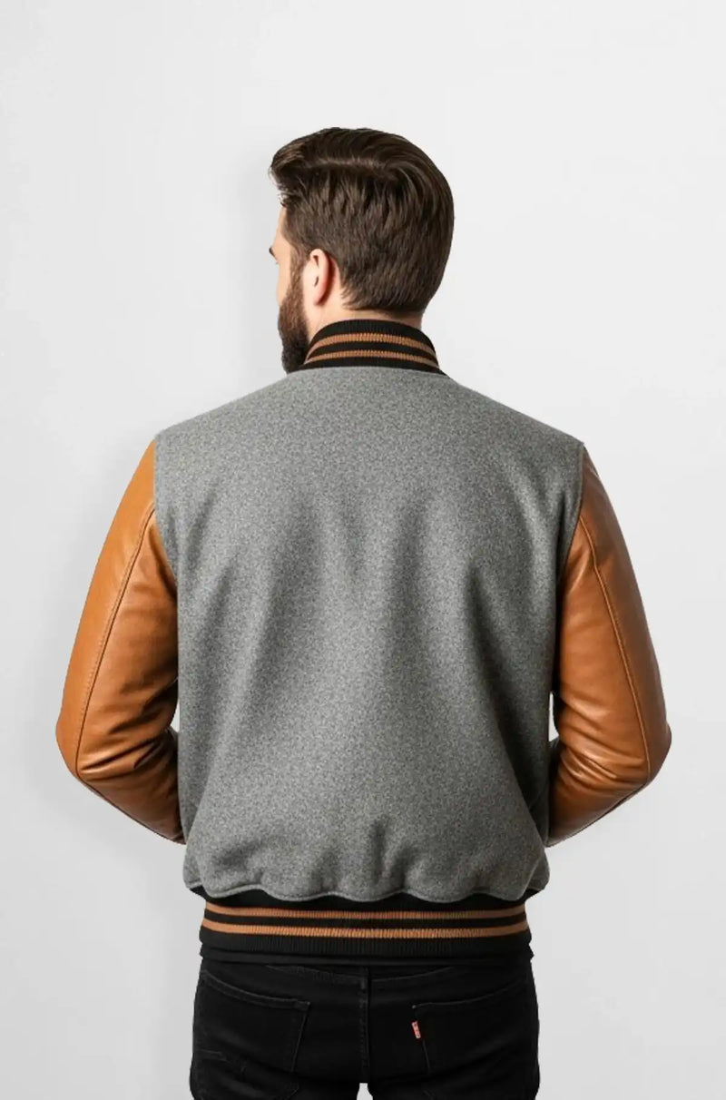 Camel Brown Quilted Leather Wool Varsity Jacket Back view