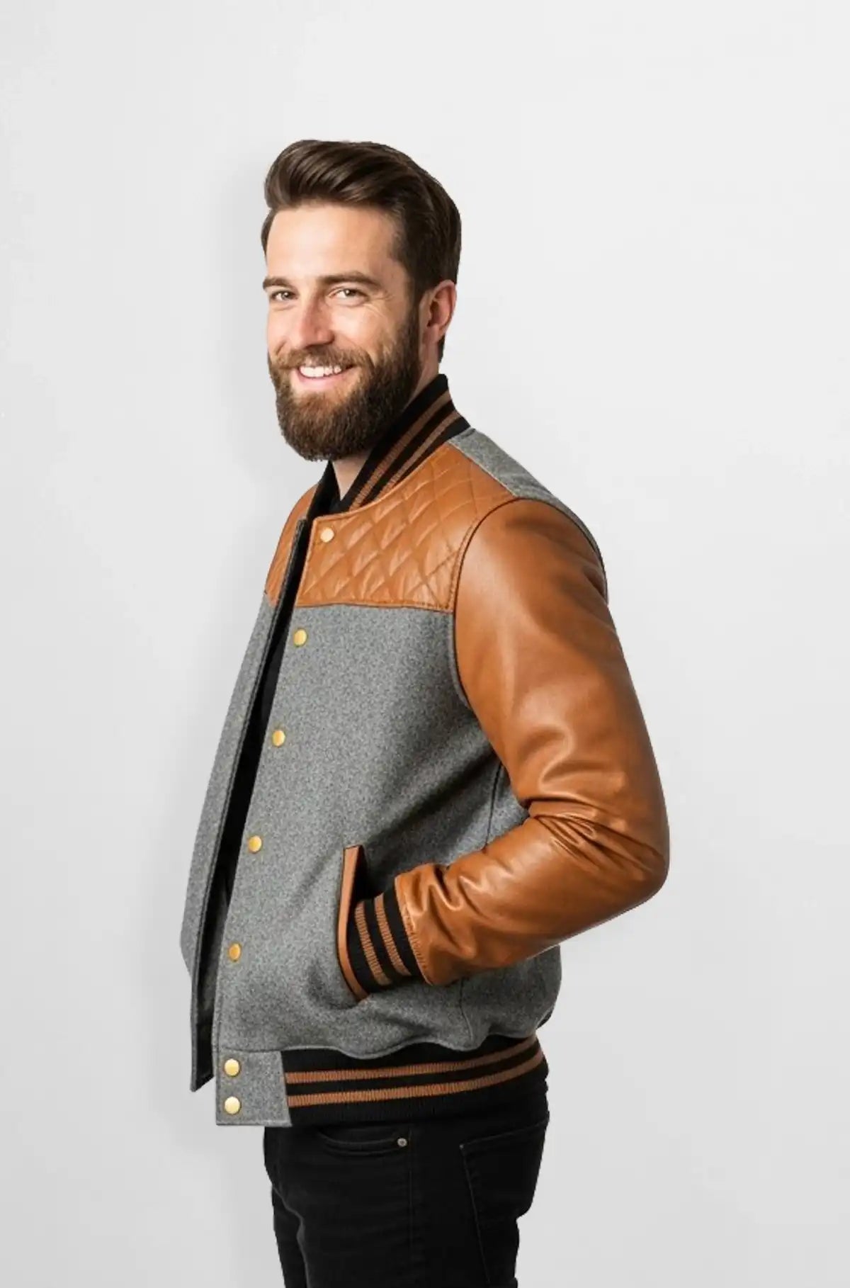 Camel Brown Quilted Leather Wool Varsity Jacket Side view