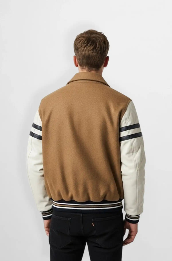 Camel Brown Wool Leather Varsity Jacket Back viewCamel Brown Wool Leather Varsity Jacket