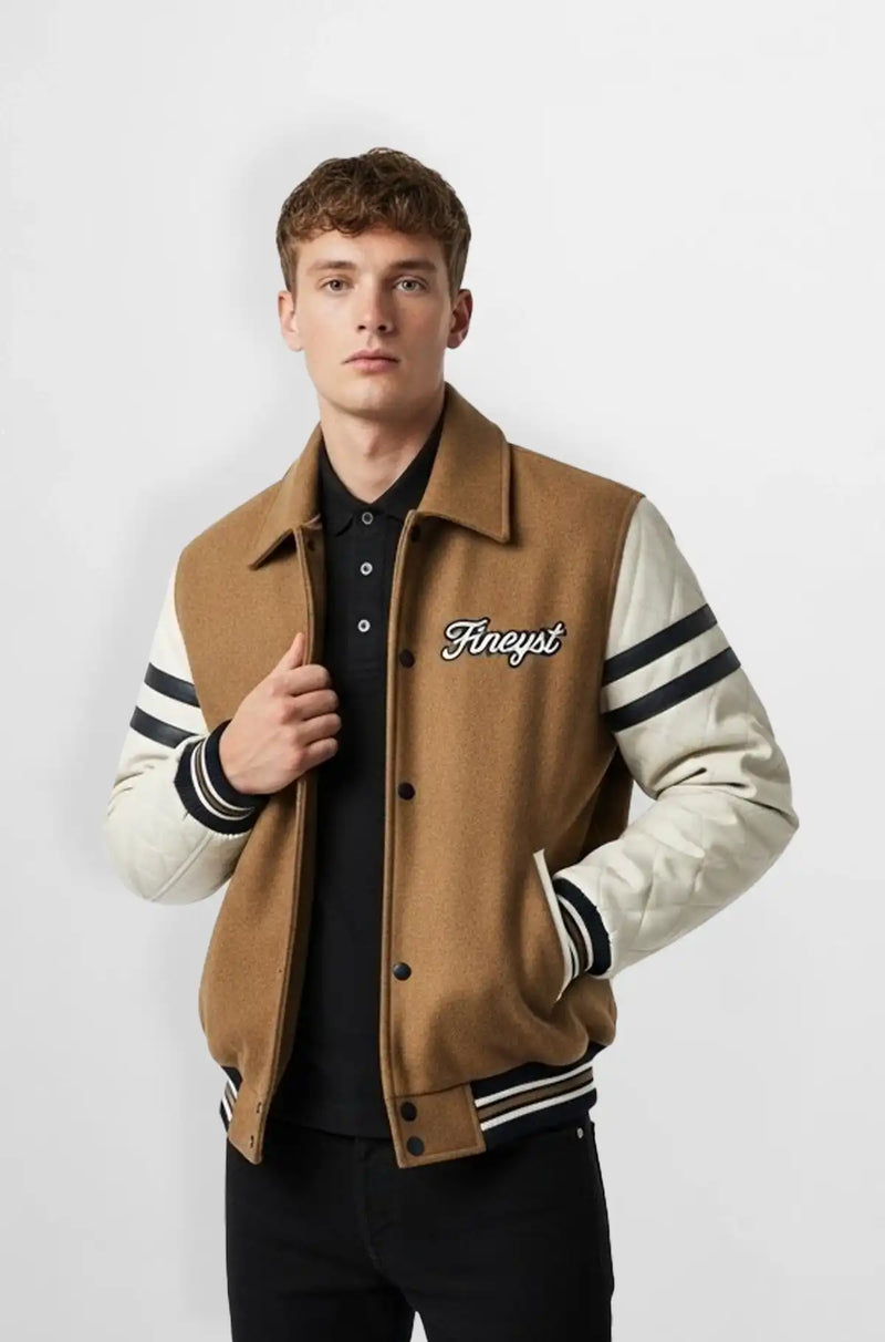 Camel Brown Wool Leather Varsity Jacket Front view