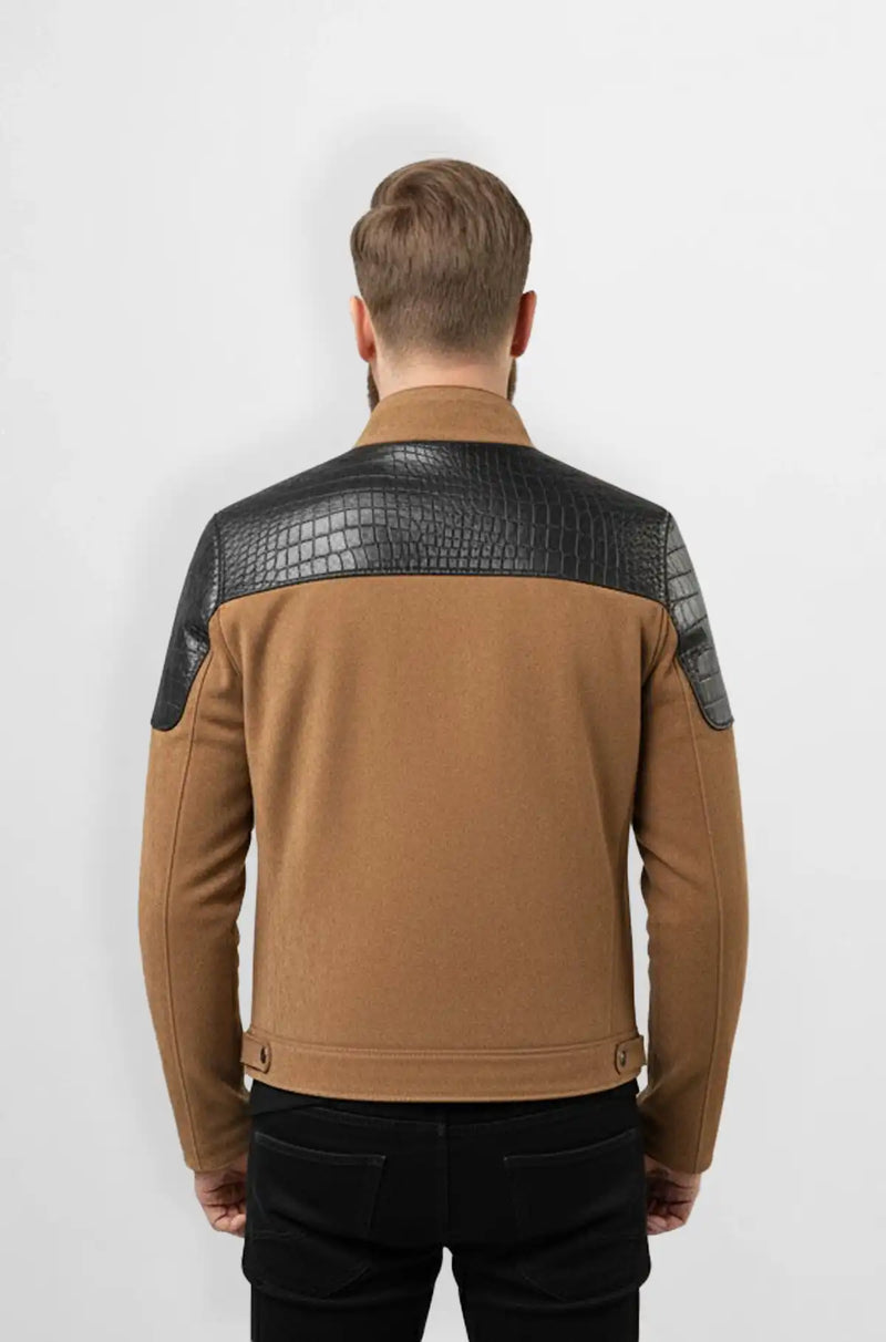 Camel Tan Crocodile Suede Leather Bomber Jacket Back view