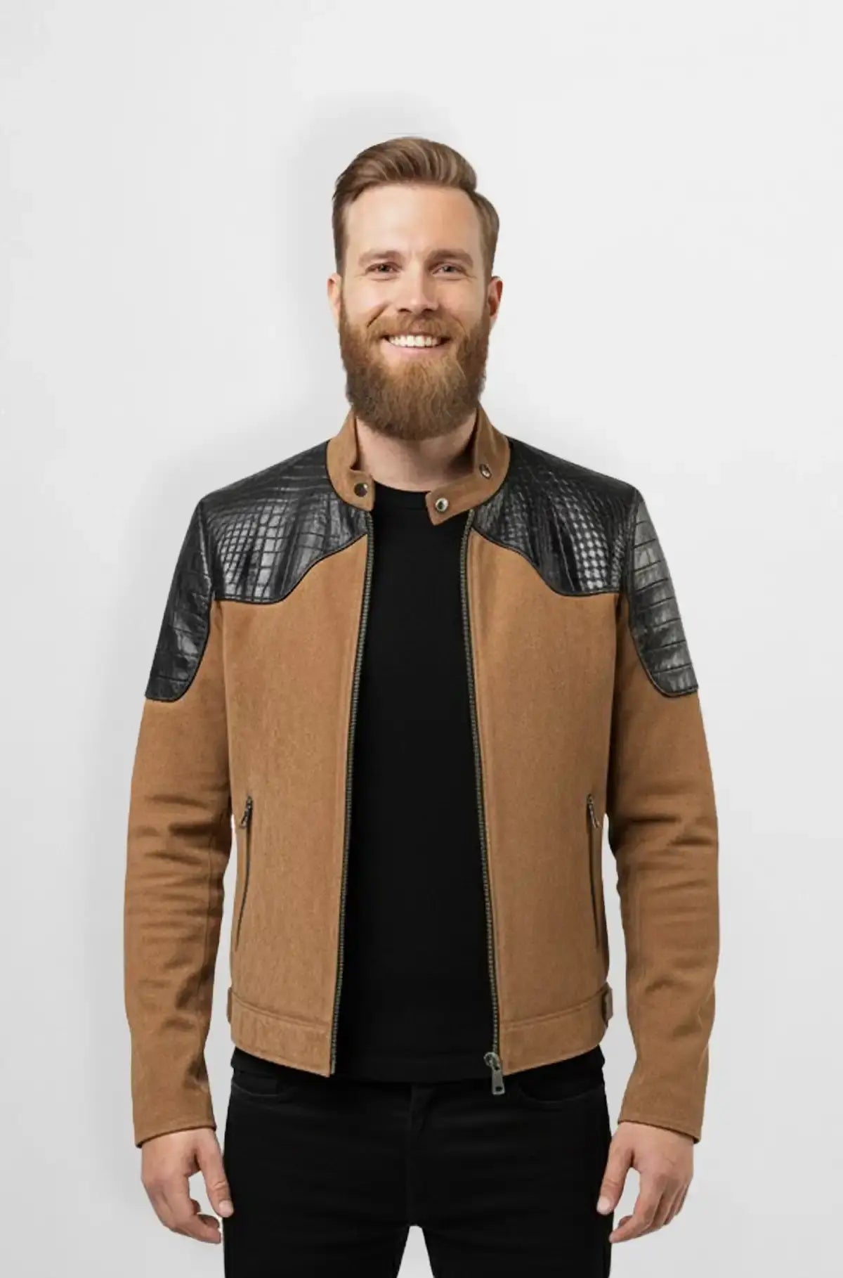 Camel Tan Crocodile Suede Leather Bomber Jacket Front view