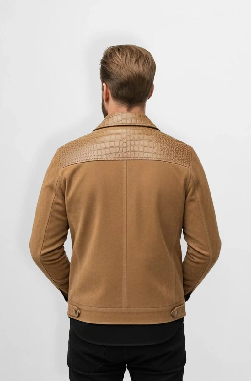 Camel Tan Crocodile Suede Trucker Jacket Back view