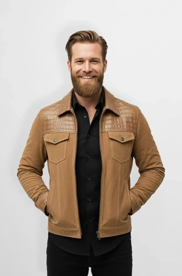 Camel Tan Crocodile Suede Trucker Jacket