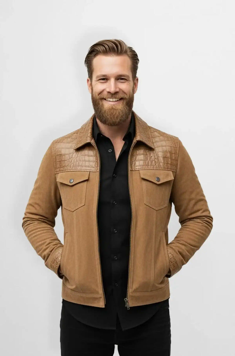Camel Tan Crocodile Suede Trucker Jacket