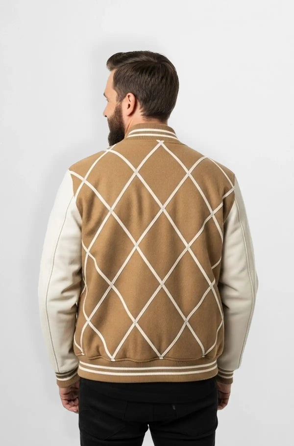 Camel Tan Wool Leather Varsity Jacket Back view