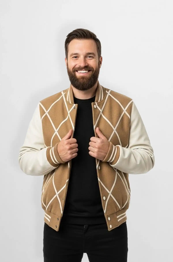 Camel Tan Wool Leather Varsity Jacket Front view