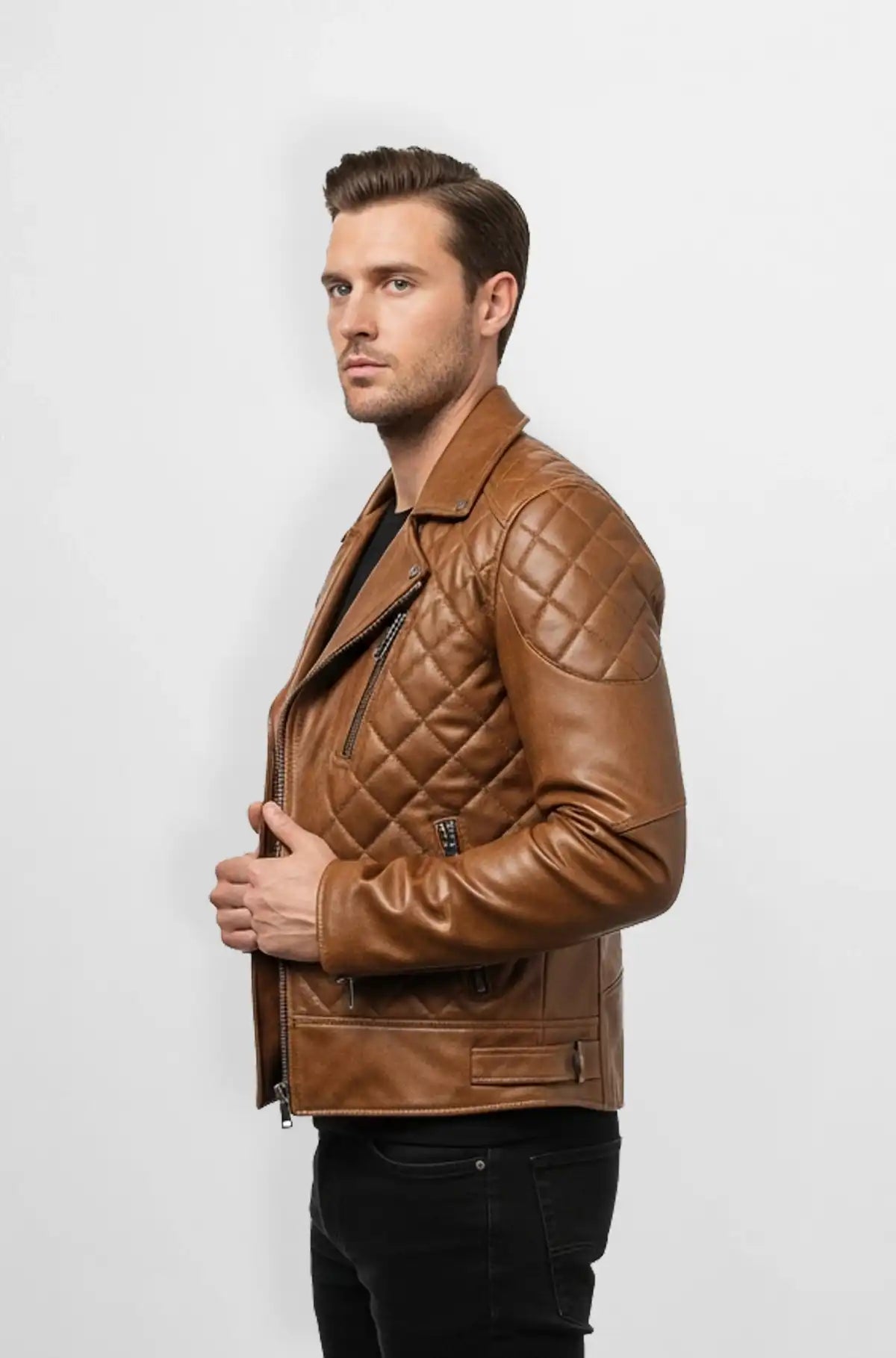 Caramel Diamond Quilted Biker jacket side view