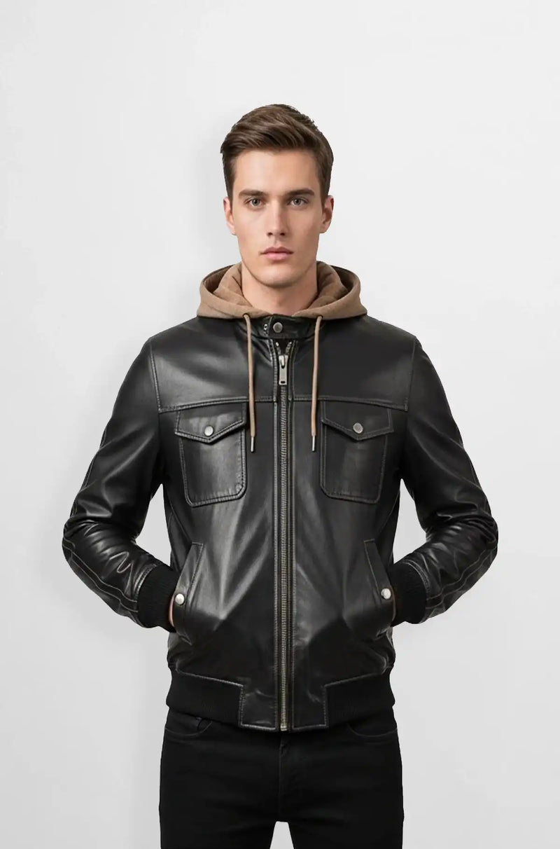Charcoal Black  Bomber Leather Jacket with Hoodie