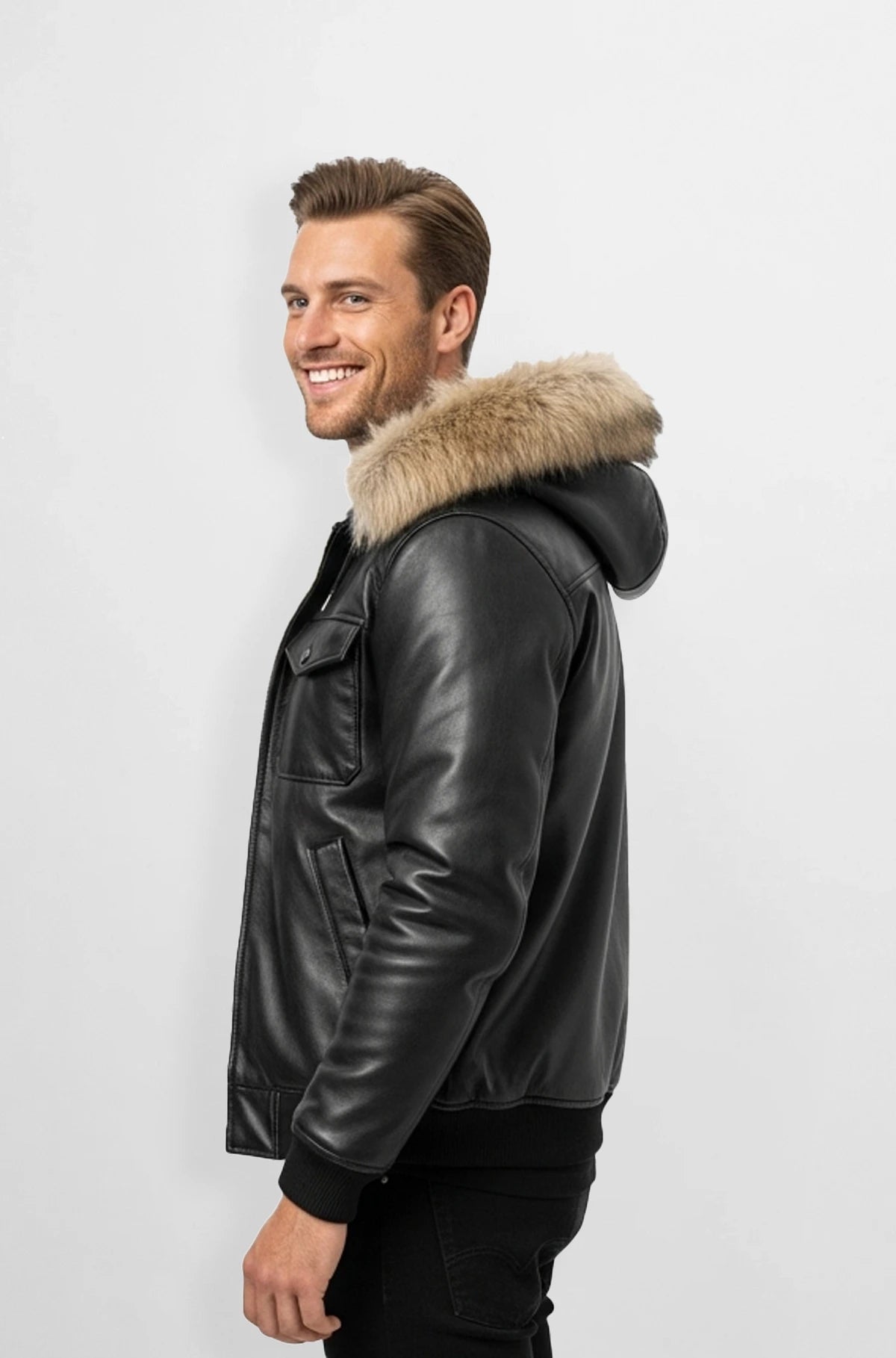 Charcoal Black Fur Hood Leather Jacket