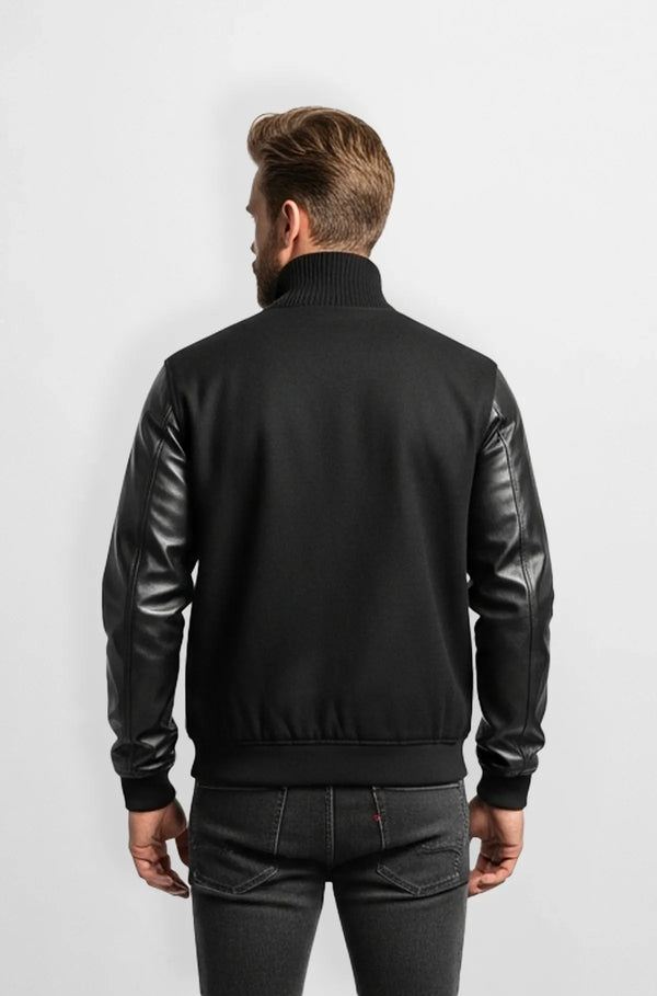 Charcoal Black Wool Leather Varsity Jacket Back view