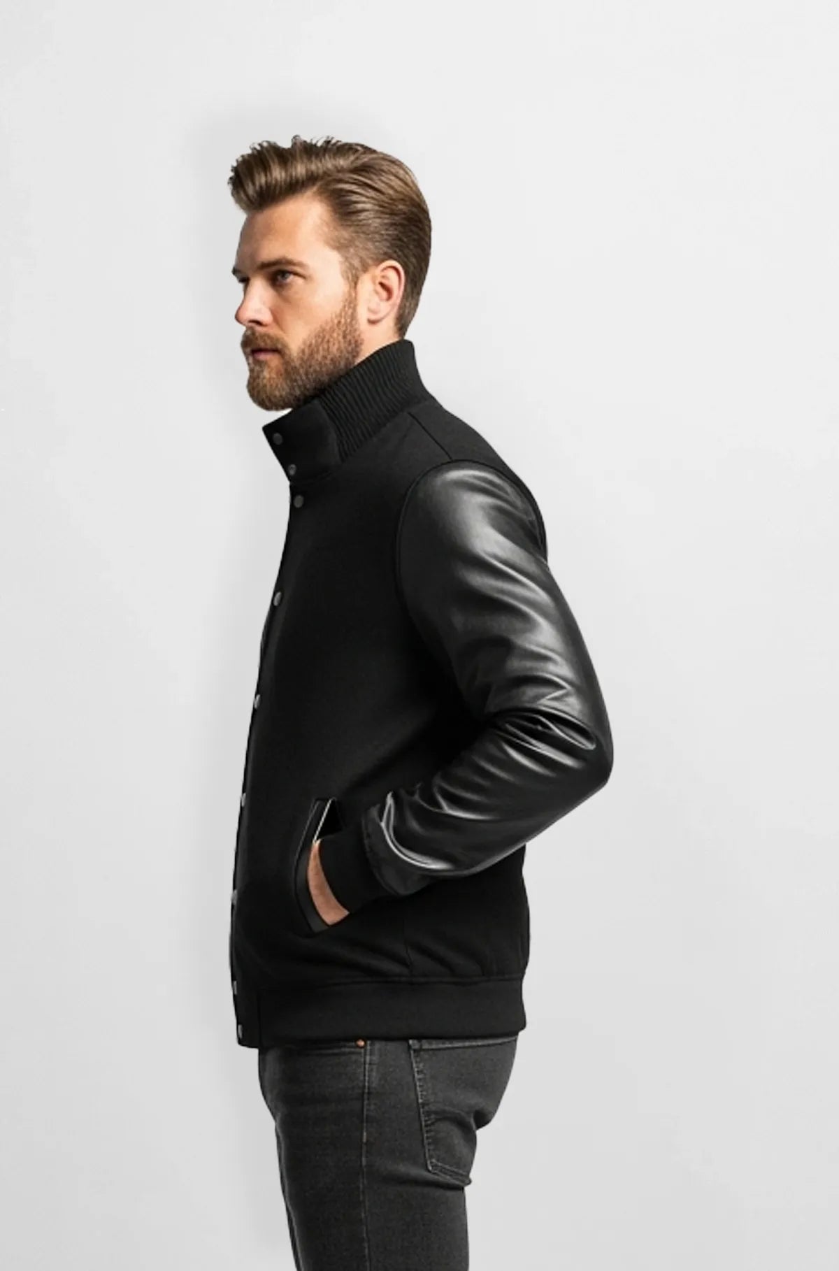 Charcoal Black Wool Leather Varsity Jacket Side view