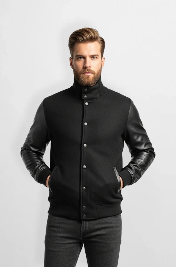 Charcoal Black Wool Leather Varsity Jacket Front view