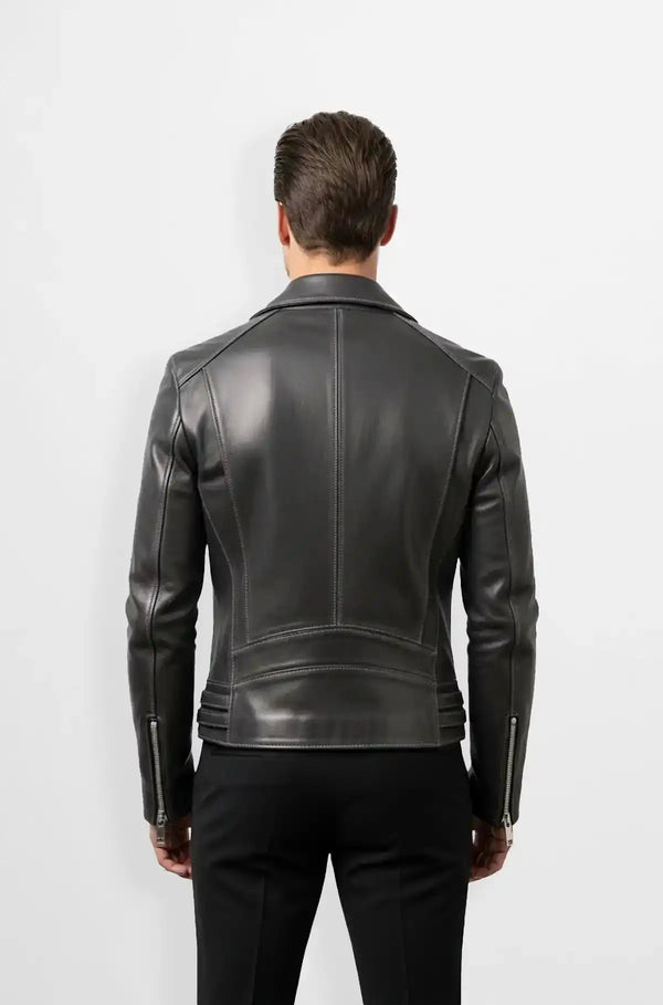 Charcoal Grey Biker Leather Jacket back view