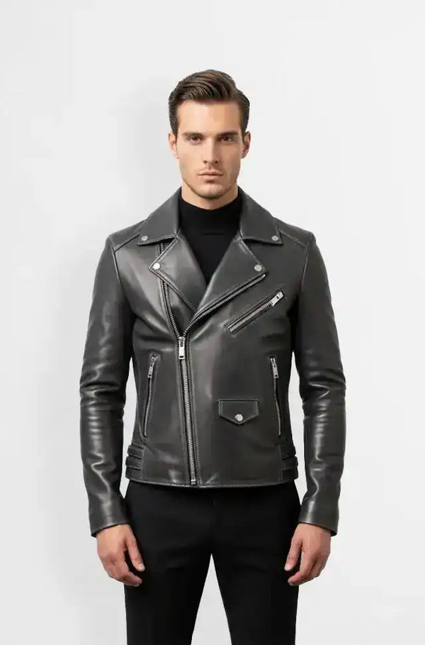 Charcoal Grey Biker Leather Jacket front view