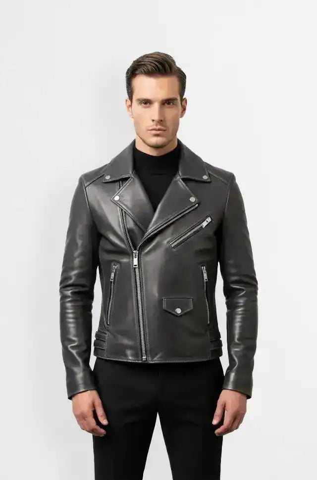 Charcoal Grey Biker Leather Jacket front view