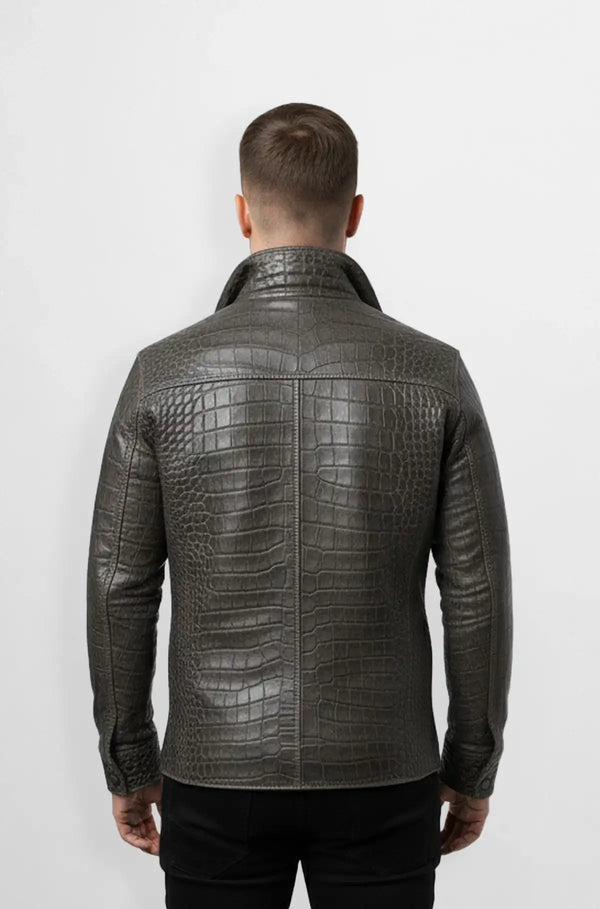 Charcoal Grey Crocodile Leather Trucker Jacket Back view
